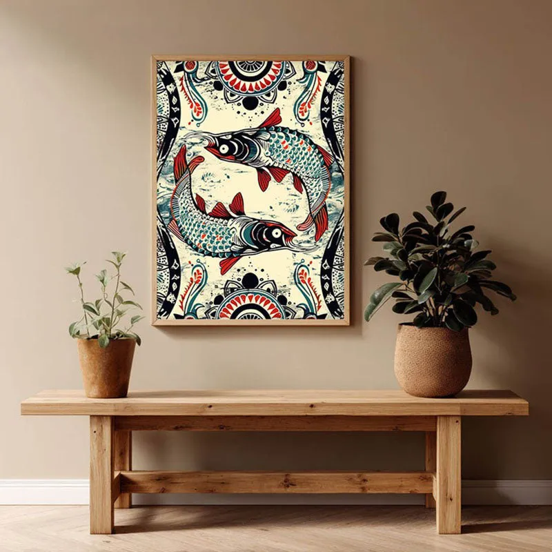 Fish Illustration Canvas Wall Painting With Brown Frame media 8