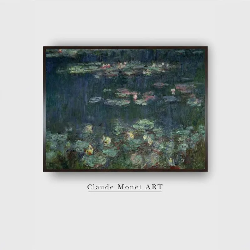 Front view of a framed waterlilies wall painting on a white background