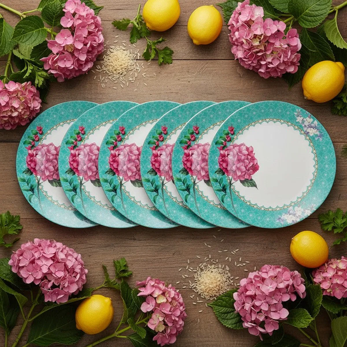Six turquoise floral dinner plates arranged with flowers, lemons and rice