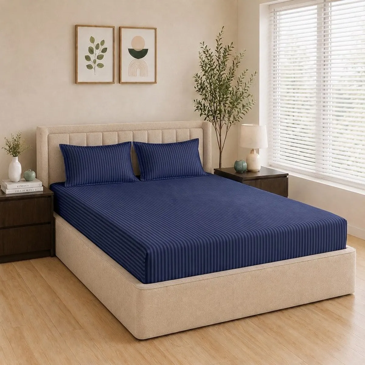 Navy striped bedsheet on a beige bed with two matching pillow covers
