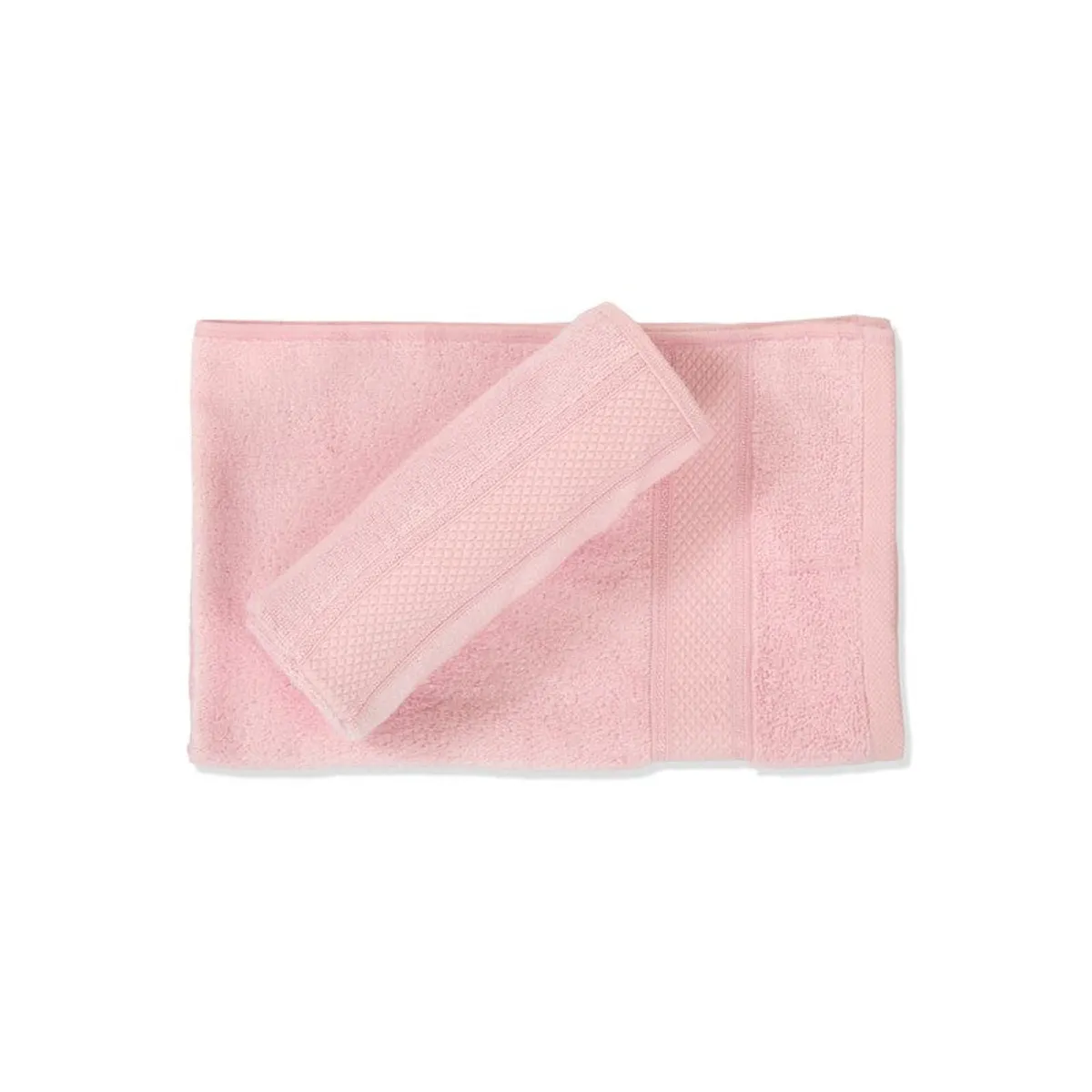 Two light pink towels arranged flat on a white background