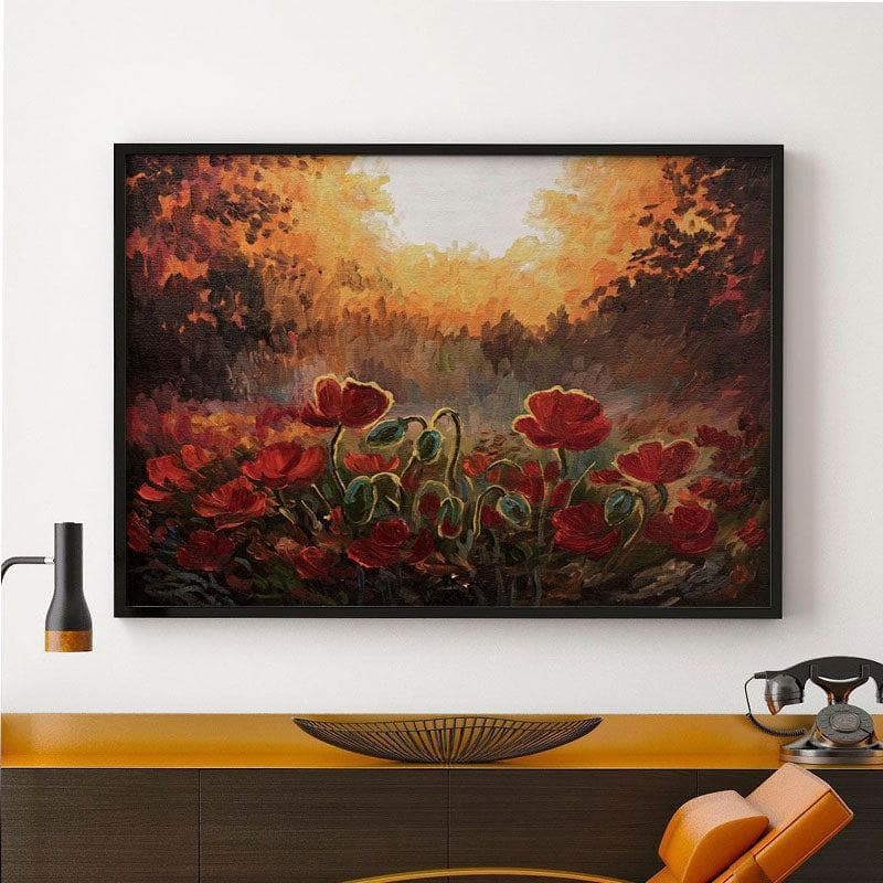 Poppy Grassland Canvas Wall Painting - Black Frame
