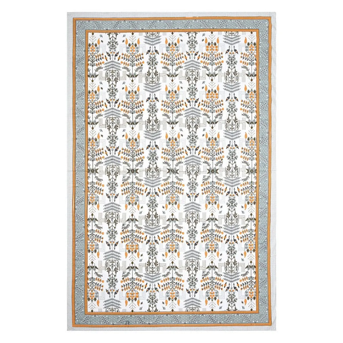 Full view of blue and yellow floral bedsheet with bordered design