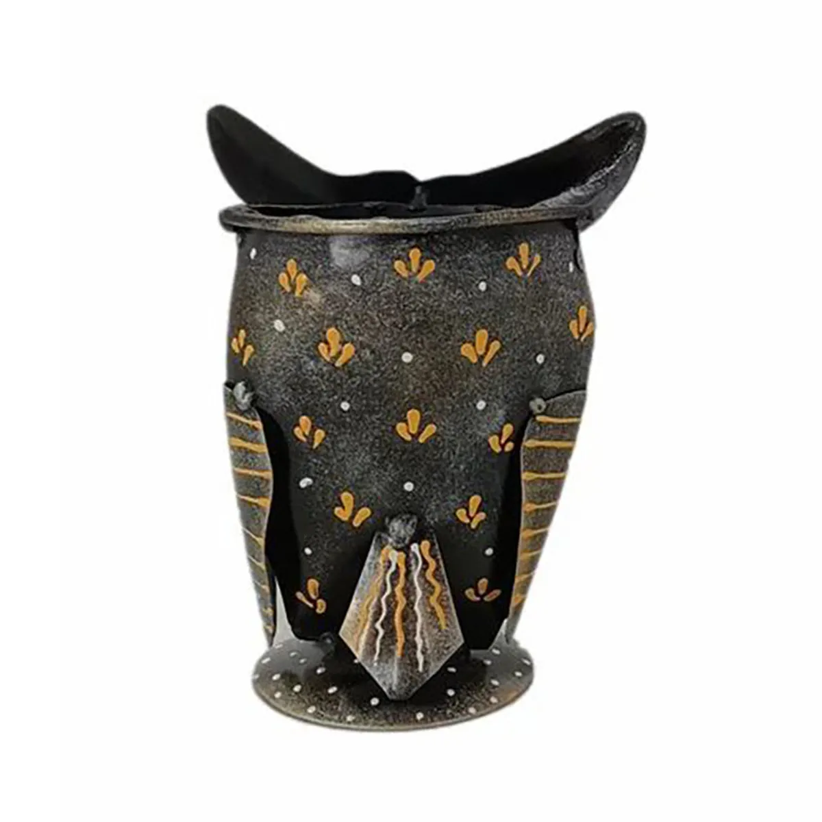 Rear view of the black owl-shaped pen stand with yellow dotted detailing