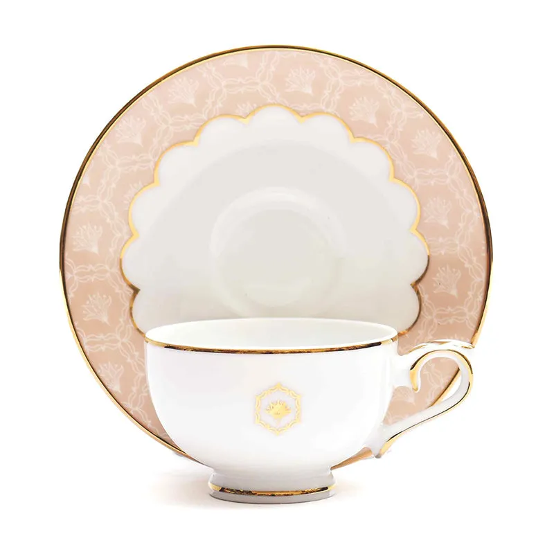 Gilded Legacy 24k Gold Brushed Porcelain Tea Cup & Saucer (Peach/ 280 mL) - Set of Six media 4
