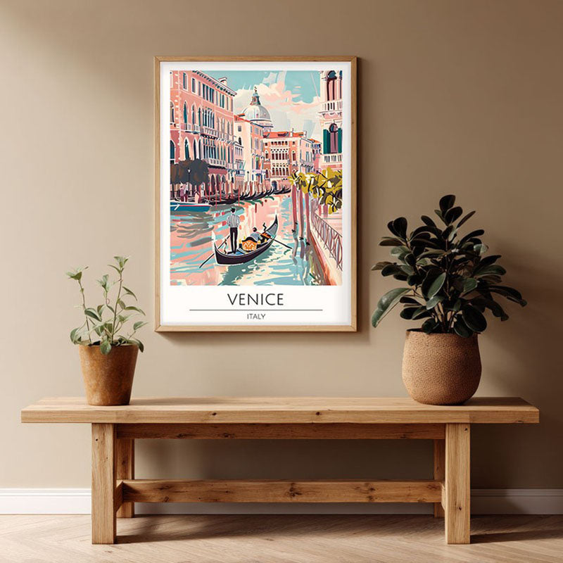 Vintage Venice Framed Canvas Archival Canvas Wall Painting - Natural Brown Frame