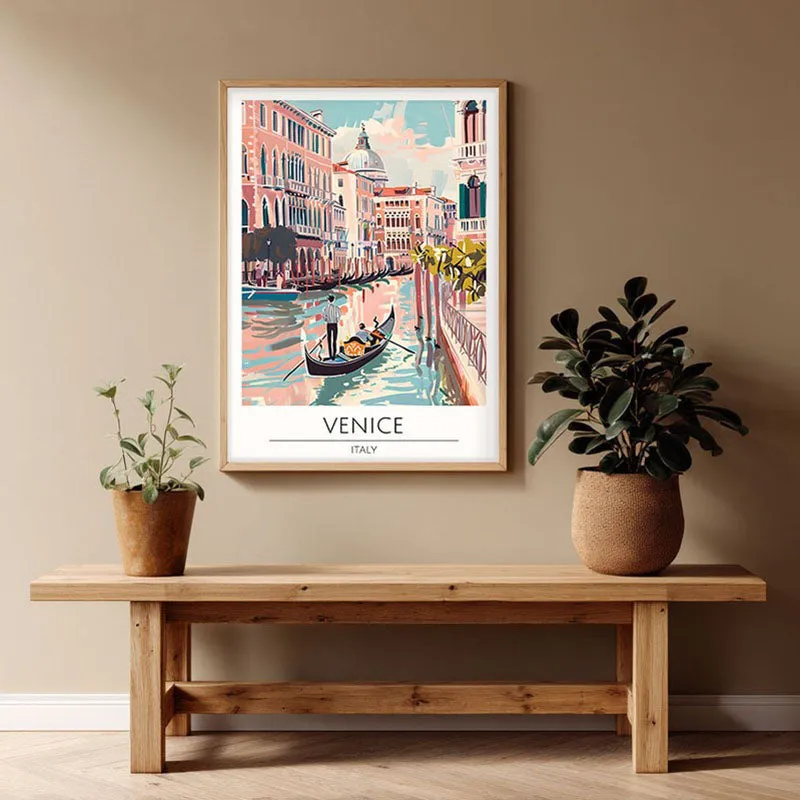 Vintage Venice Framed Canvas Archival Canvas Wall Painting - Natural Brown Frame media 1