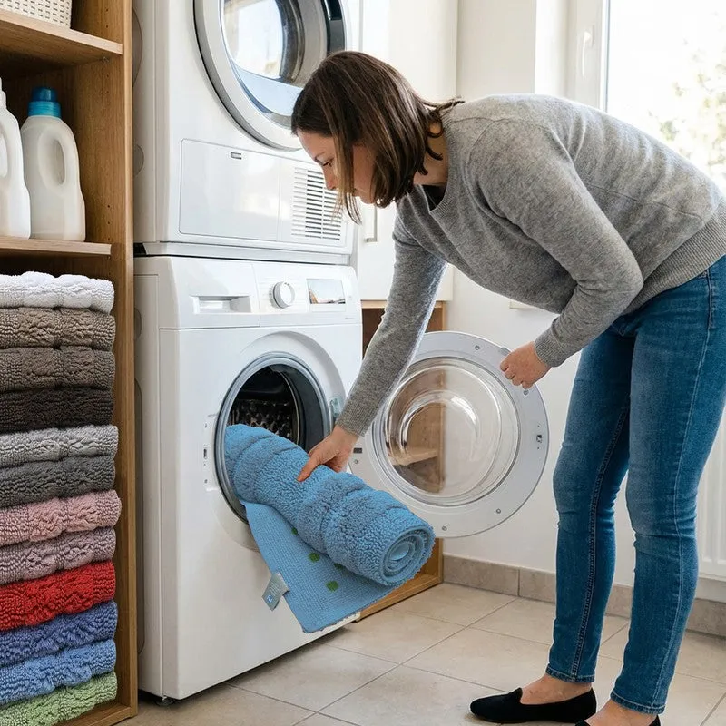 Rolled light blue rug being placed into a washing machine
