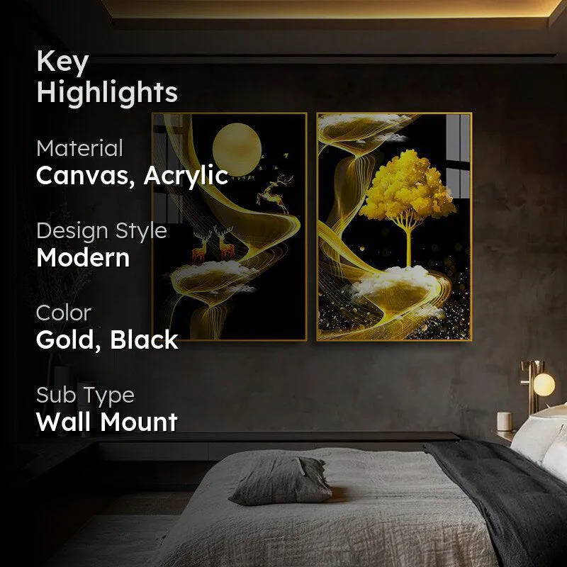 Enchanted Grove Modern Canvas Wall Art With Frame (Gold) - Set Of Two media 2