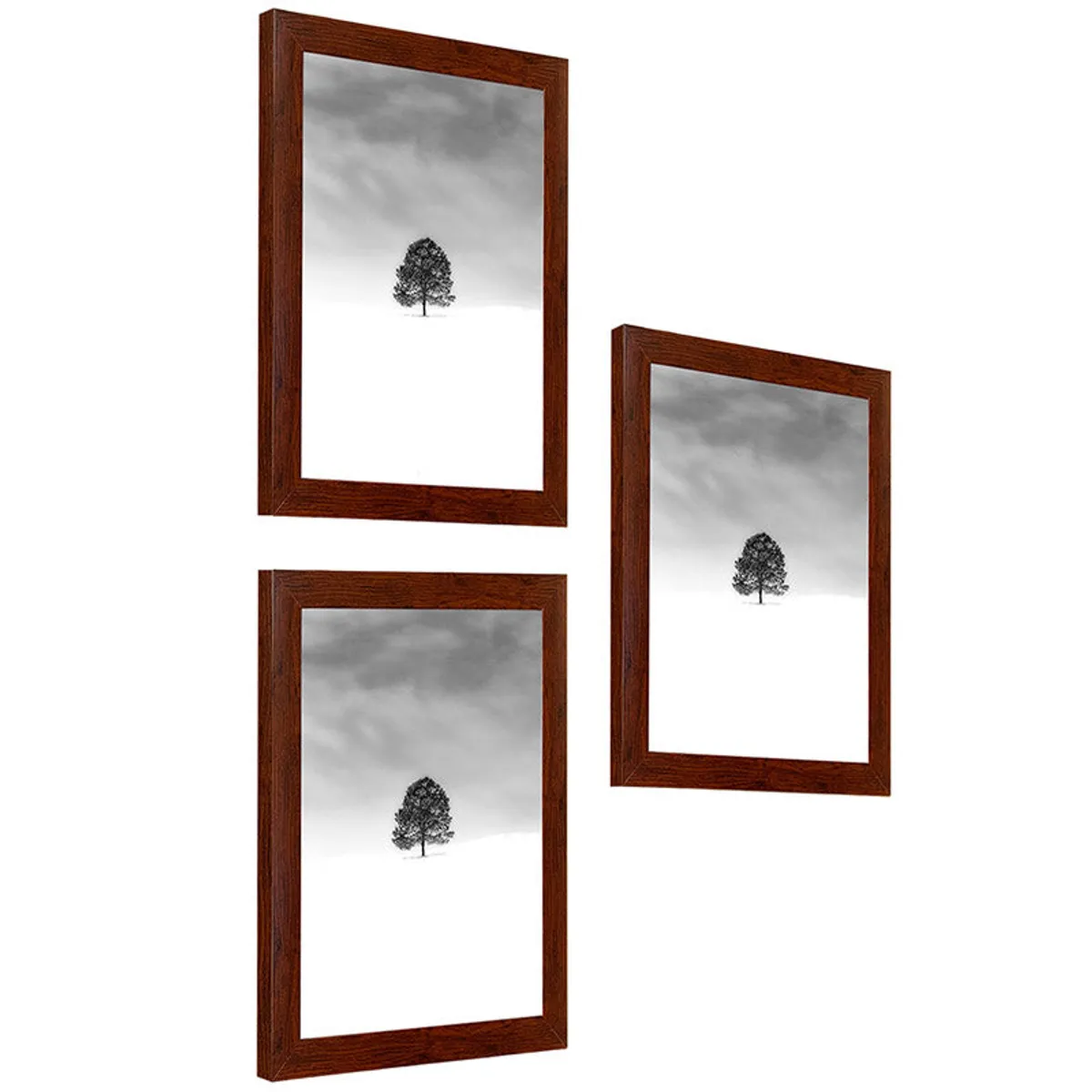 Three brown rectangular photo frames arranged in a staggered wall display