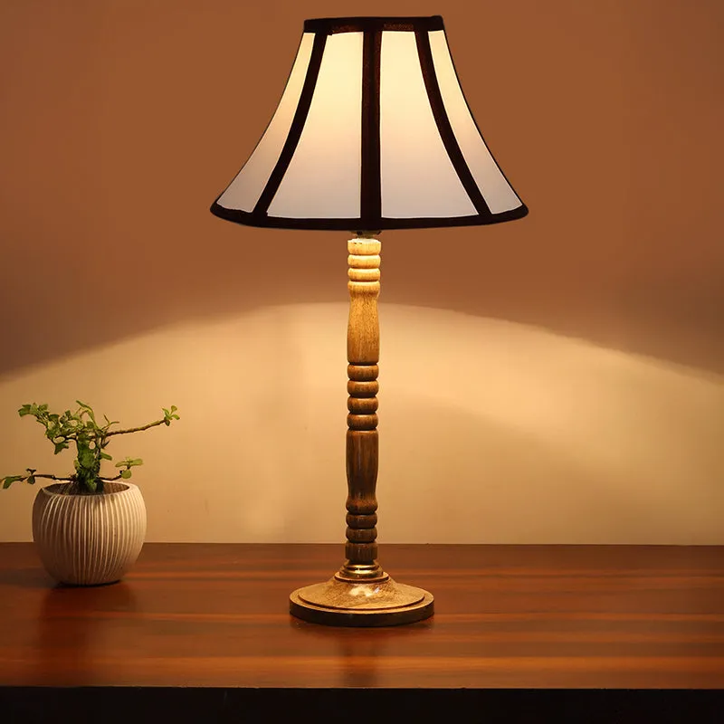 Windsor Table Lamp With Carved Wooden Base - White,Brown media 2