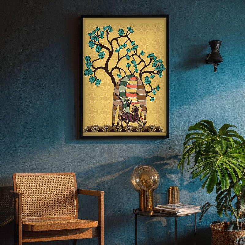 Deer And Fawn Framed Gond Canvas Wall Painting media 4