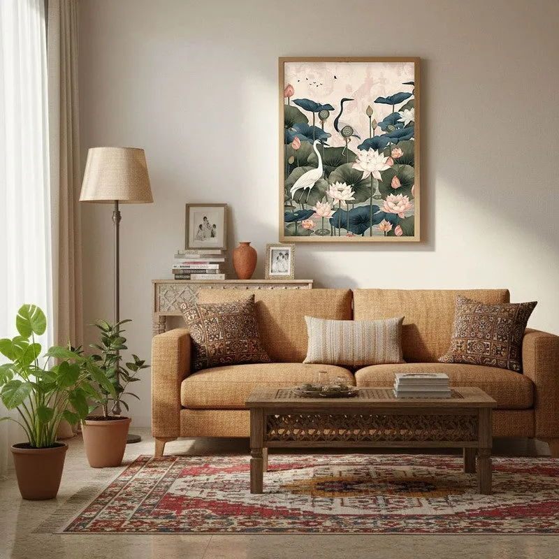Lotus Garden Birds Canvas Wall Painting With Brown Frame media 9