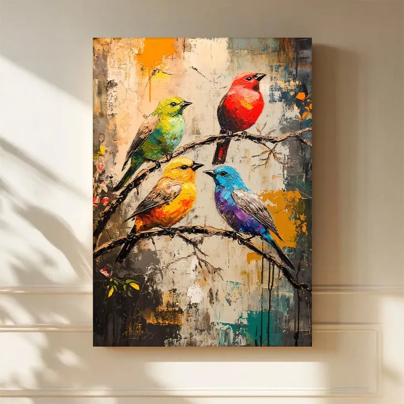 Multicolour bird painting on canvas hung on a light wall