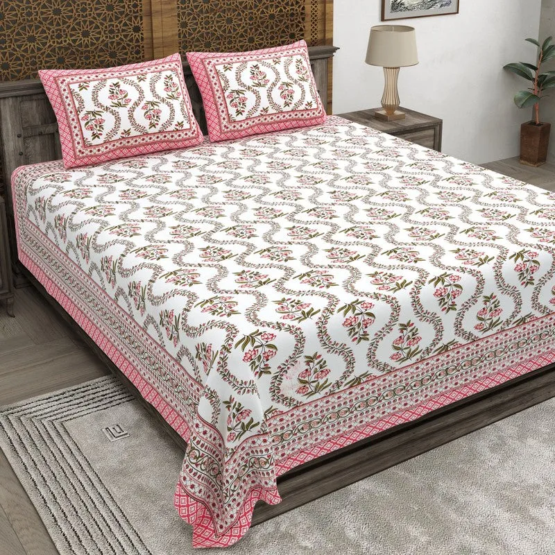 Griden Cotton Bedsheet (Pink,White) - 240 TC media 1