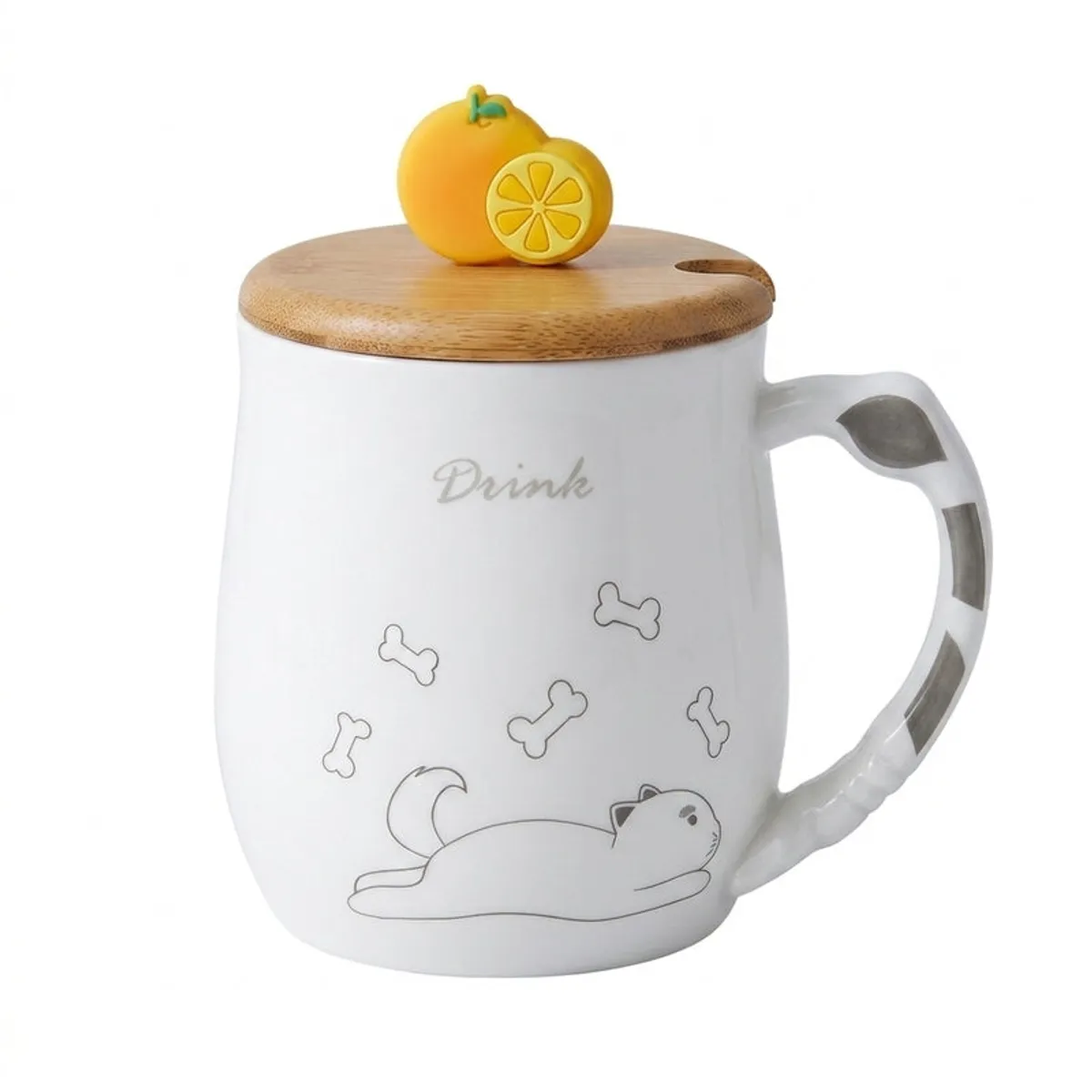 White ceramic dog illustration mug with wooden lid shown on a plain background