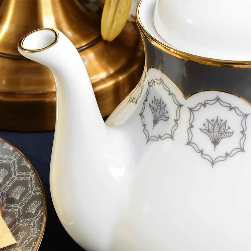 Gilded Legacy 24k Gold Brushed Porcelain Tea Set With Tea Pot (Grey) - Seventeen Piece Set media 8