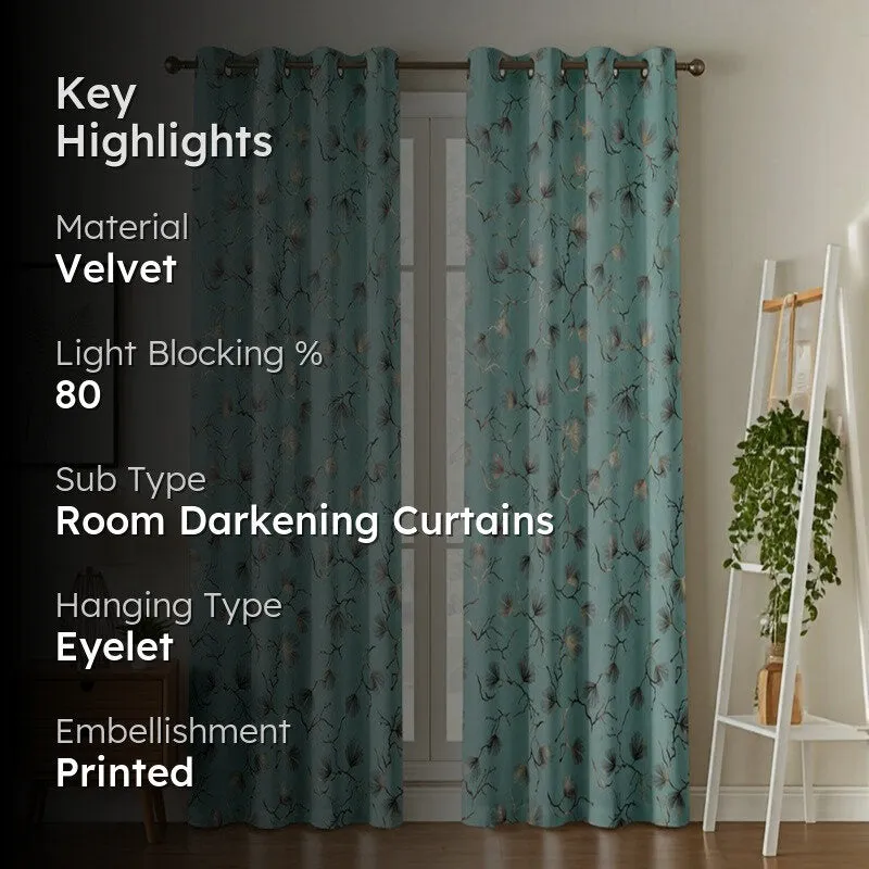 Soft Edge Printed Velvet Curtains (Sage Green,Gold) - Set Of Two media 2