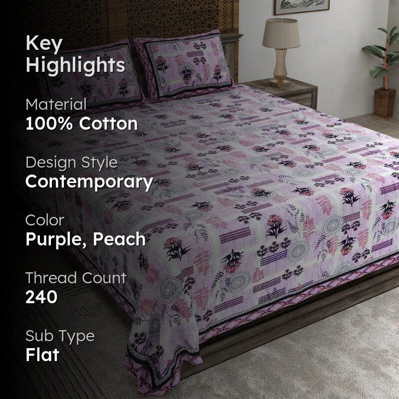 Formy Cotton Bedsheet (Purple,Peach) - 240 TC media 2