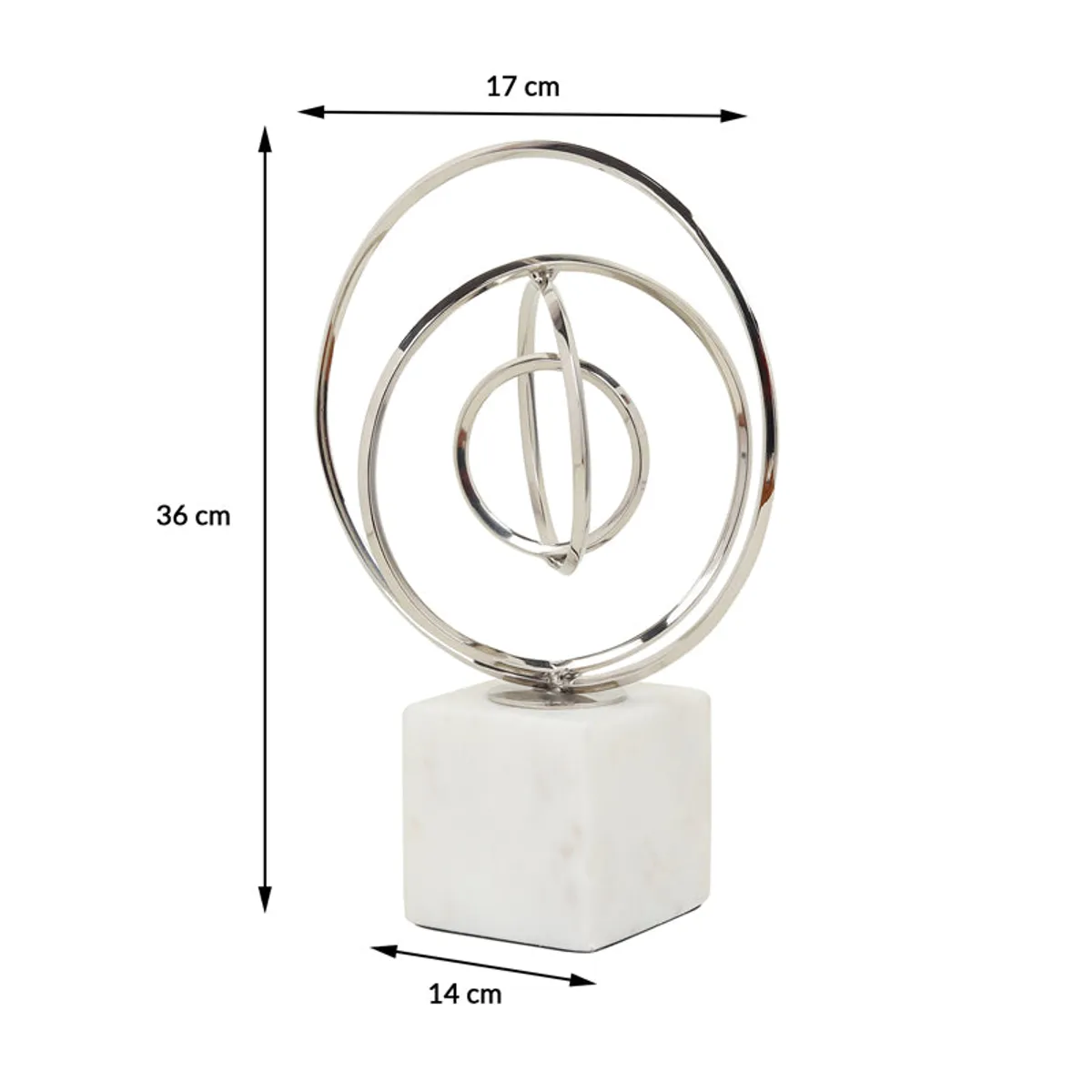 Silver geometric ring showpiece on a white marble base with dimensions shown