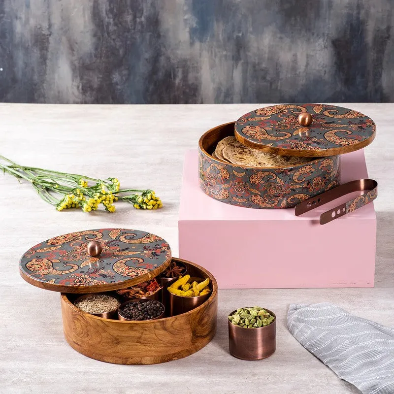 Aurelia Mango Wood Round Masala Box - Three Piece Set media 1