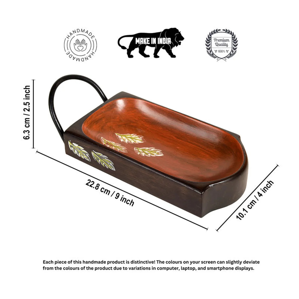 Brown decorative platter shown with dimensions and a black curved handle