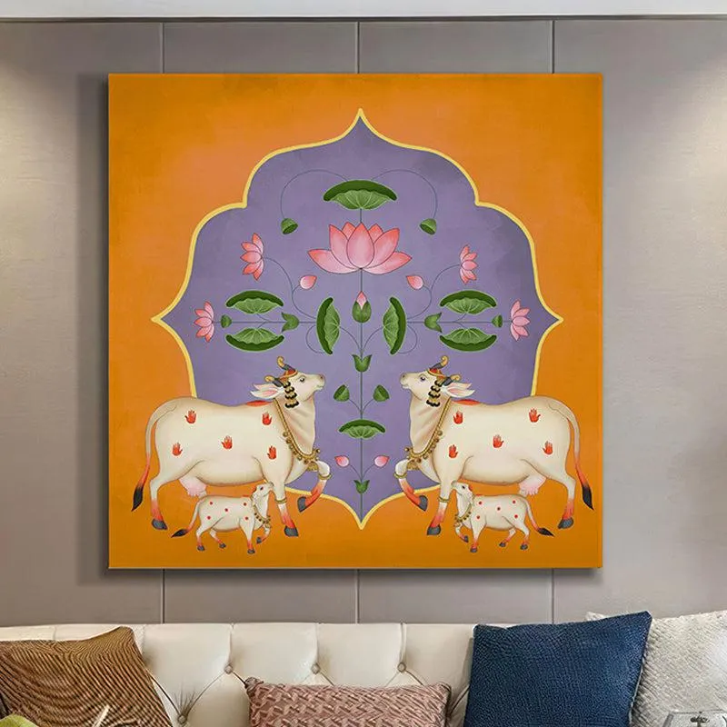 Cow And Lotus Bliss Poly Canvas Wall Painting media 1