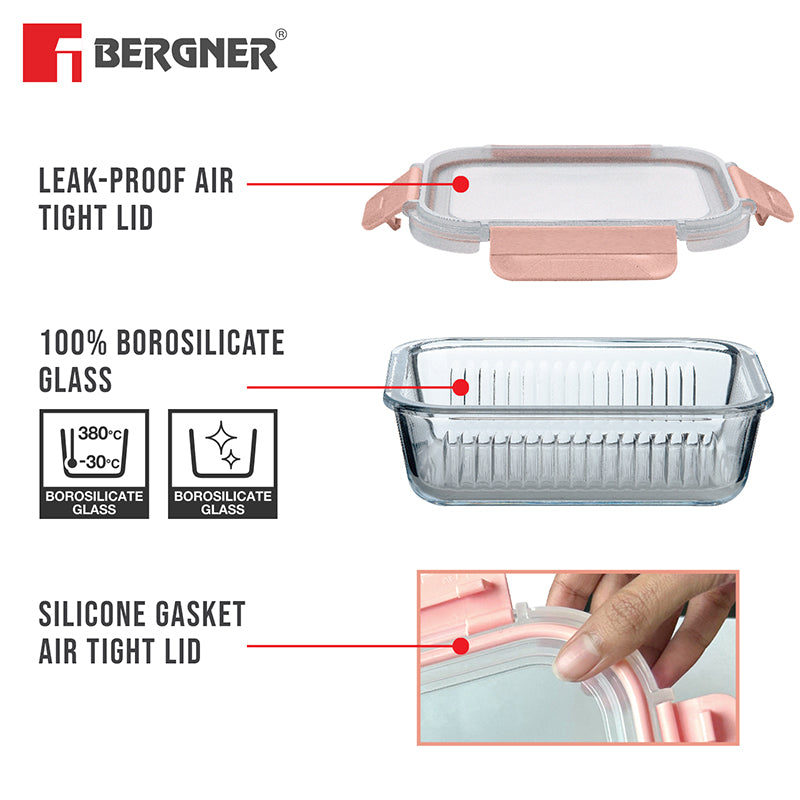 Bergner Glass Vault Airtight Glass Tiffin Box (Peach) - 1500 mL media 7