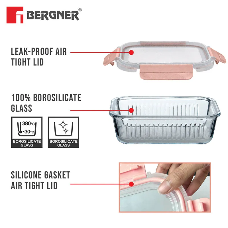 Transparent rectangular glass container with a peach lid shown open and closed.