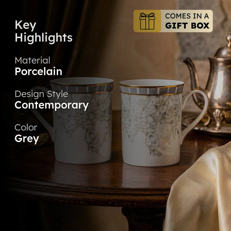 Gilded Iris Classic 24k Gold Brushed Porcelain Coffee Mug (300 mL Each/Grey) - Set Of Six media 2