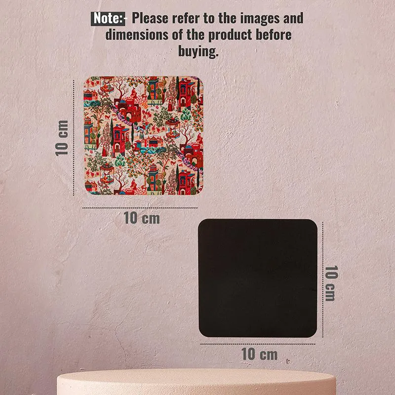 Front and back view of a square coaster displayed on a pedestal