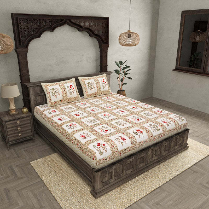 Aditri Floral Printed Cotton Bedsheet (White,Pink) - 144 TC media 3