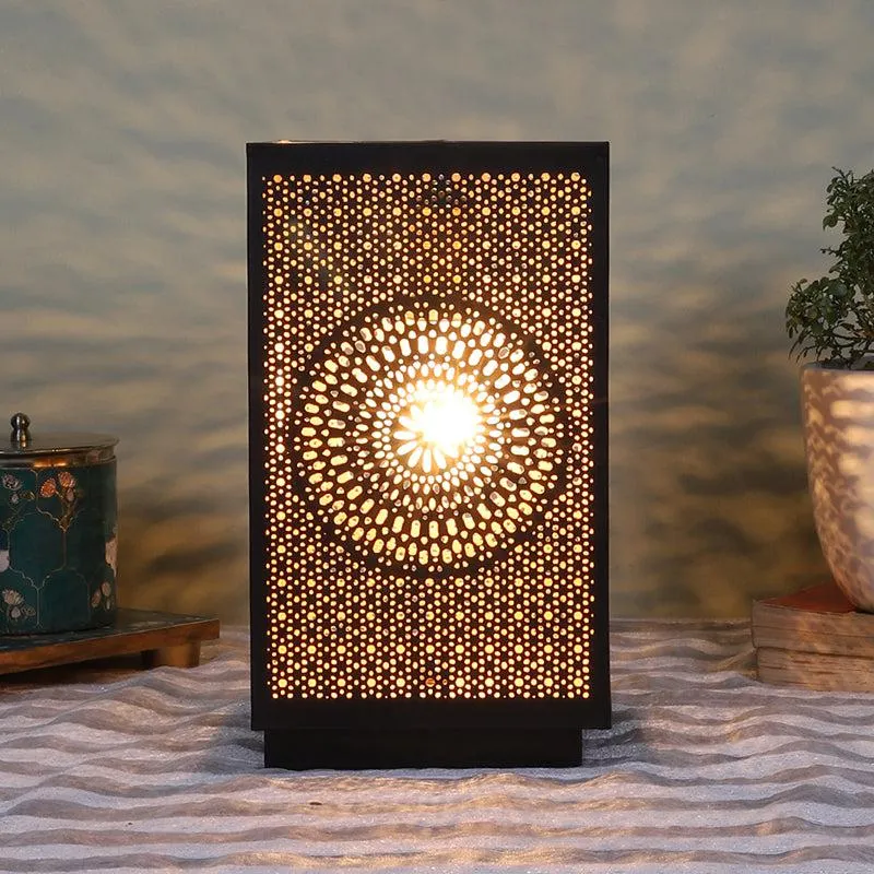 Anura Etched Floral Metal Table Lamp With Wooden Base - Black media 1