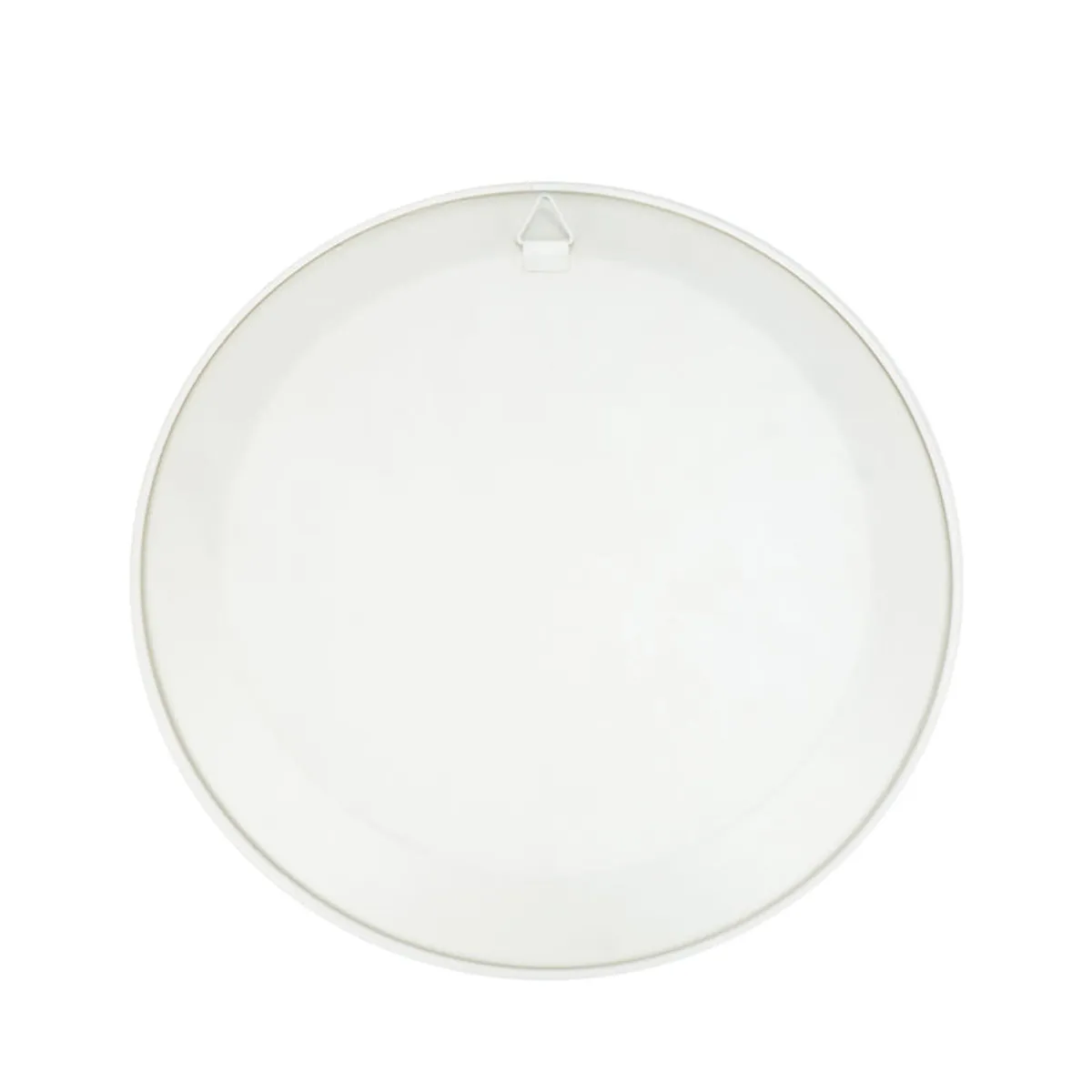 Plain white back of a round wall plate with a wall-mount fitting