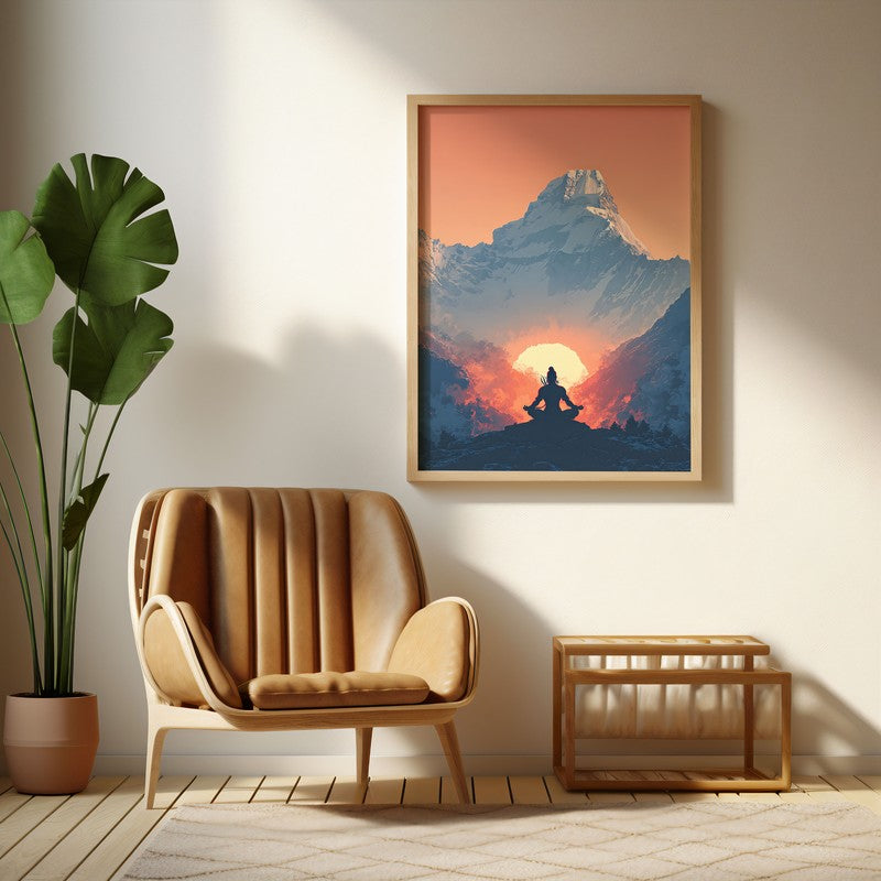 Mahadev Meditating Blissful III Wall art - Natural Brown Frame