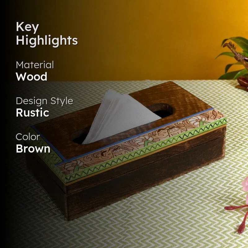 Lifestyle view of the brown decorative tissue box on a patterned surface