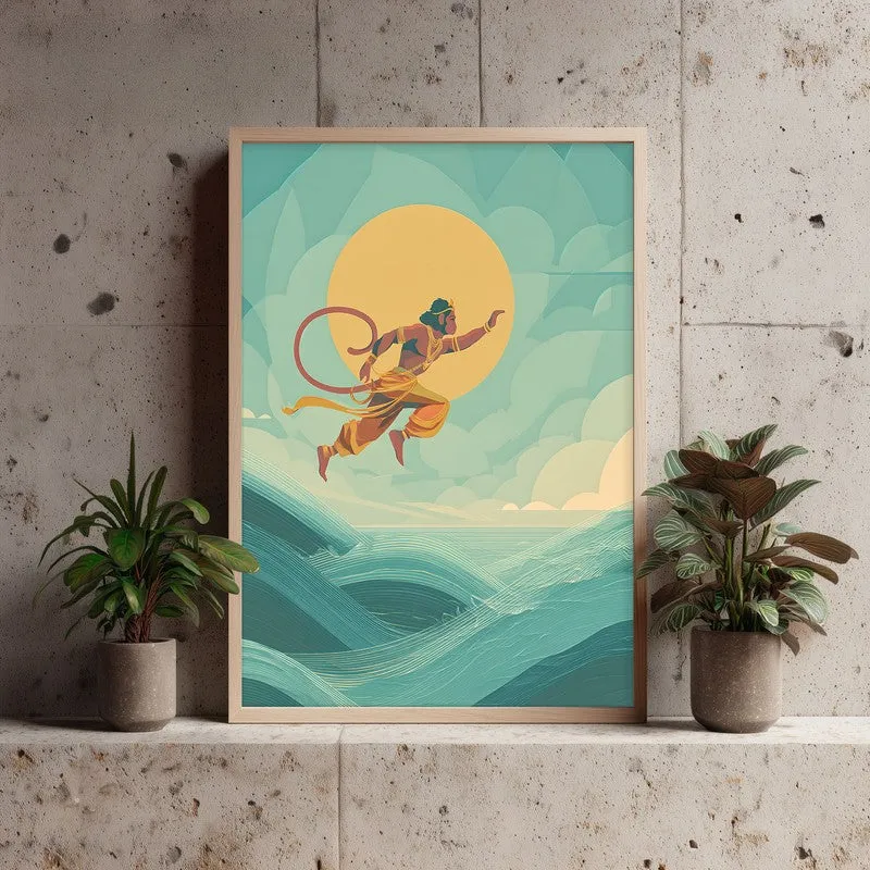 Bajrangbali Flying Over Sea Archival Paper Wall Art - Natural Brown Frame media 3