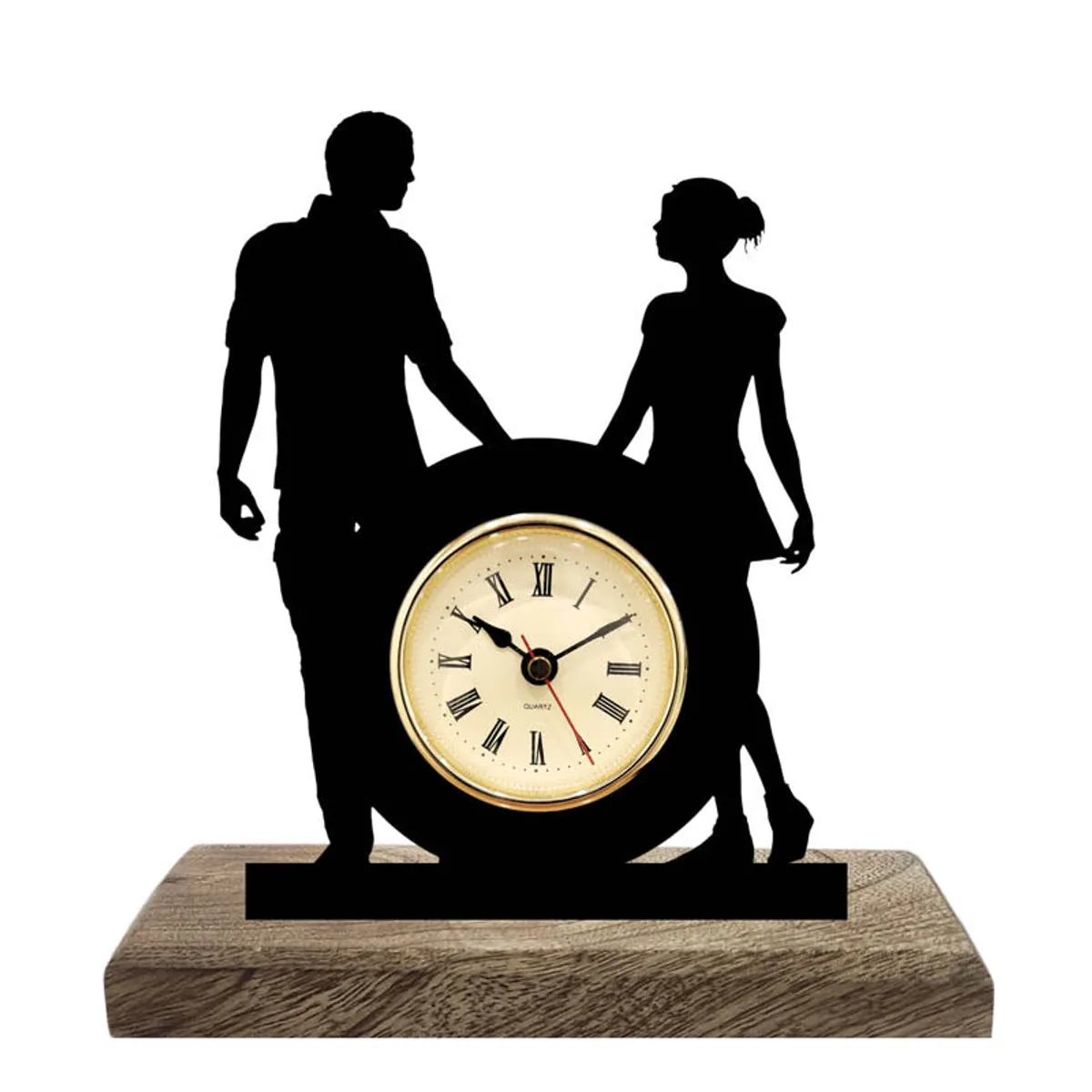 Front view of black iron couple silhouette table clock with Roman numeral dial