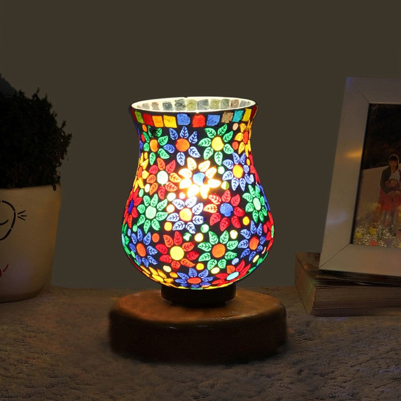 Solene Mosaic Glass Table Lamp With Wooden Base - Multicolor