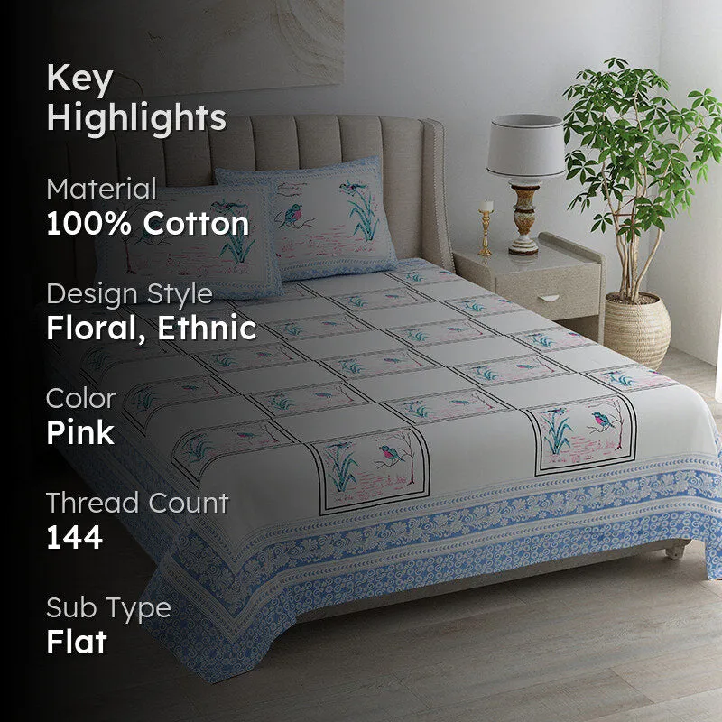 Feather Dreams Cotton Bedsheet (Blue, Pink) - 144 TC media 2