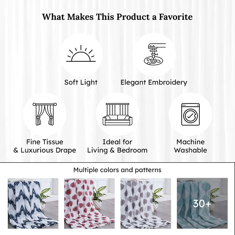 Sheer curtain displayed with decorative feature icons and colour swatches