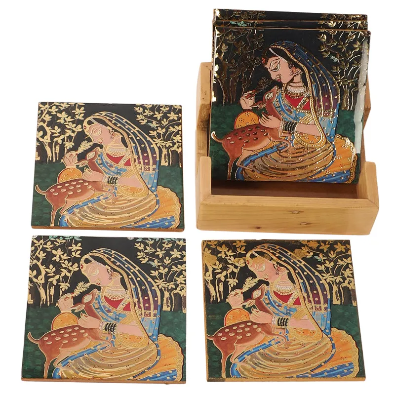 Kalamkari Wooden Costaer with Stand - Seven Piece Set media 3
