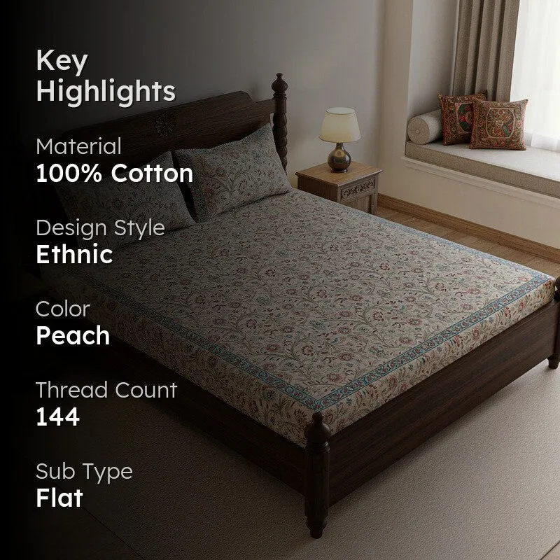 Samuna Floral Cotton Bedsheet (Peach) - 144 TC media 2
