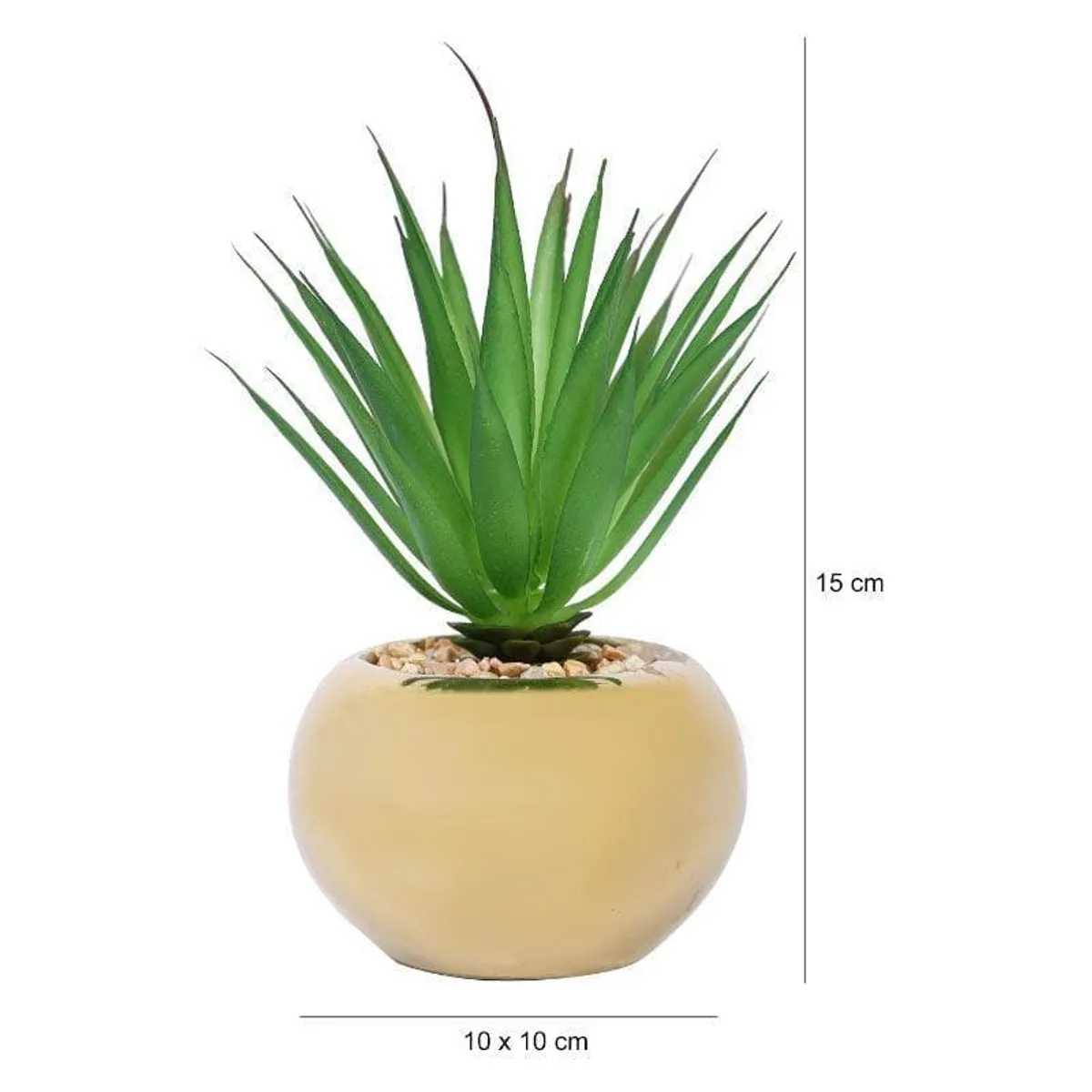 Green faux agave with pointed leaves in a round gold ceramic pot