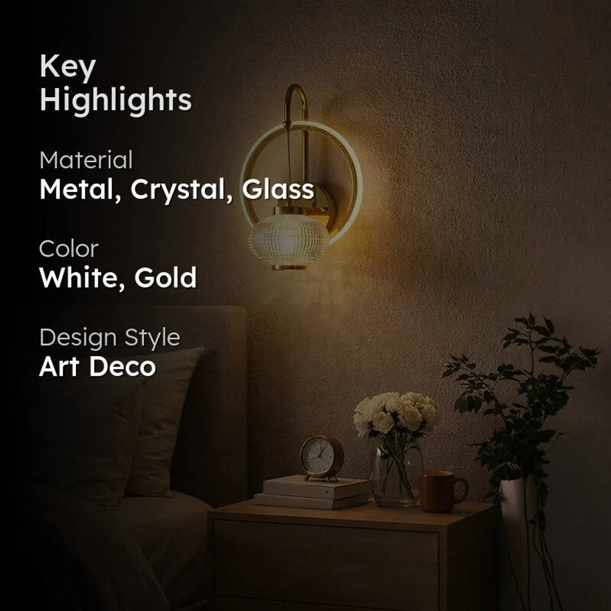 Wall lamp glowing above a bedside table in a dim bedroom scene.