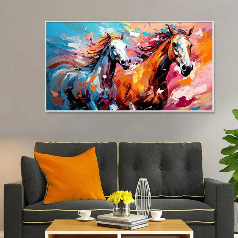 Flame & Ice Stallions Canvas Wall Painting With Frame - White