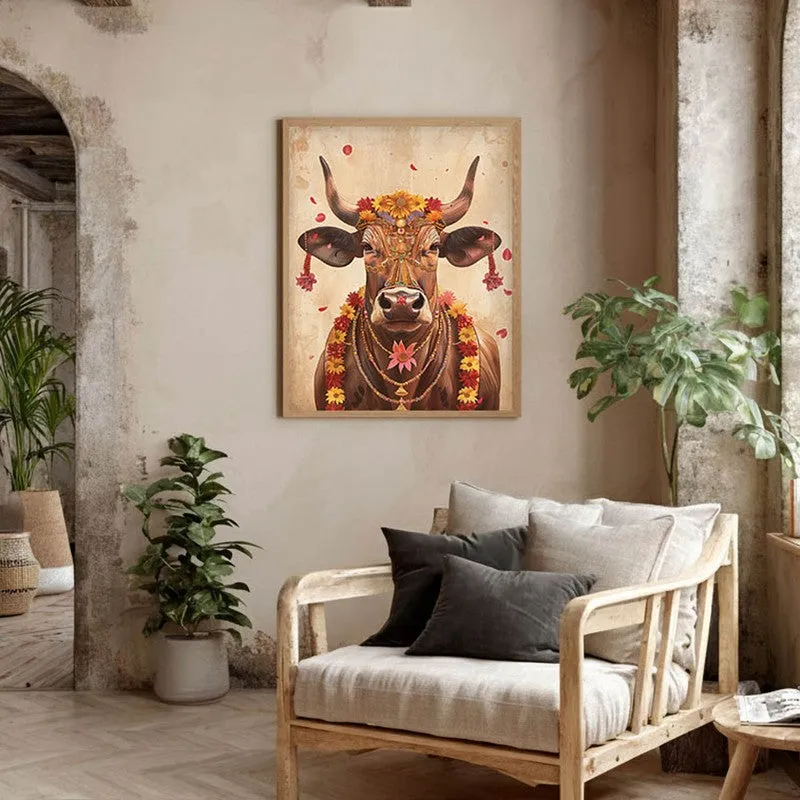 Divine Cow Traditional Canvas Wall Painting With Brown Frame media 8