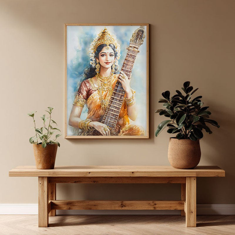 Veena Of Knowledge Spiritual Archival Paper Wall Painting - Natural Brown Frame