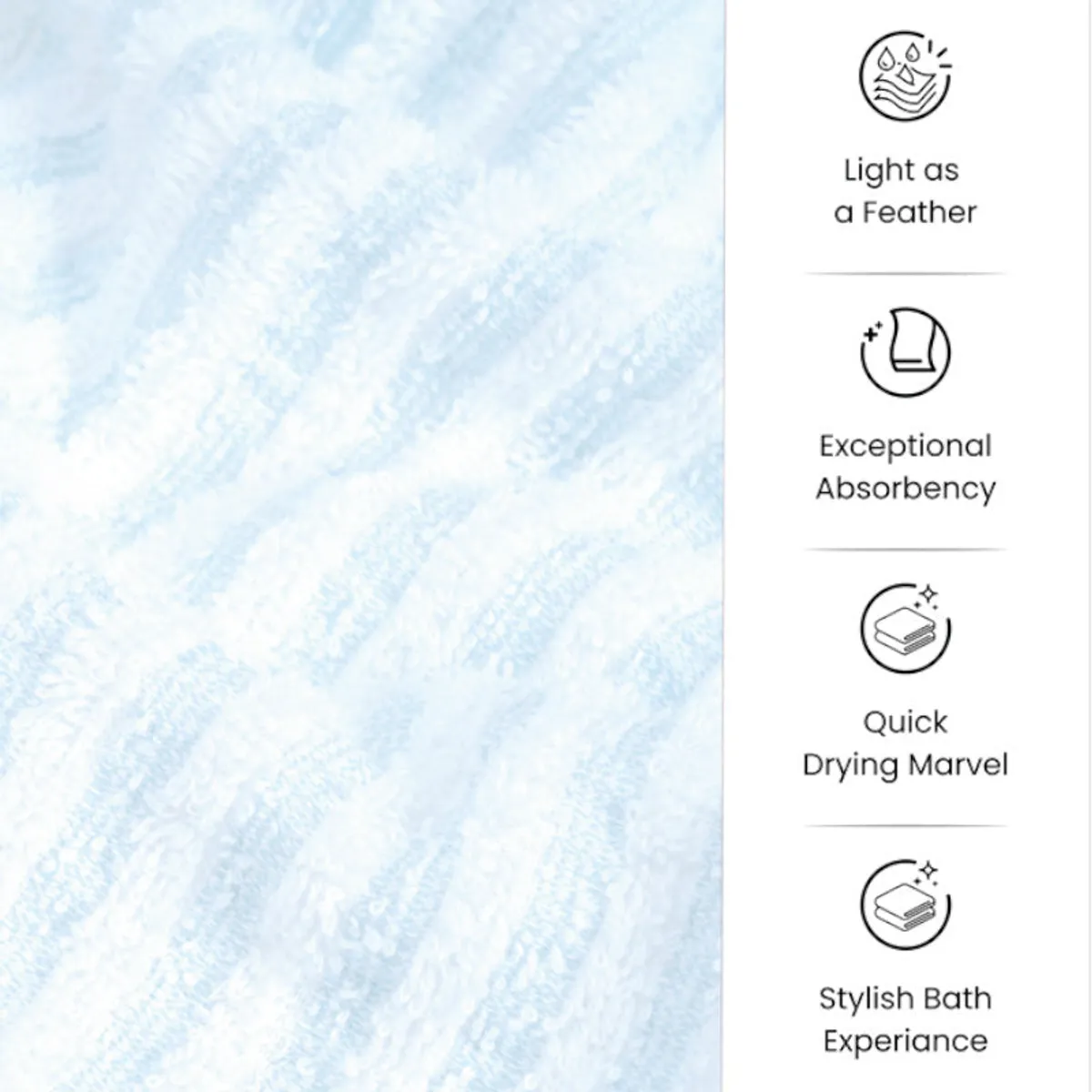 Light blue towel texture shown beside icons for lightness, absorbency and drying.