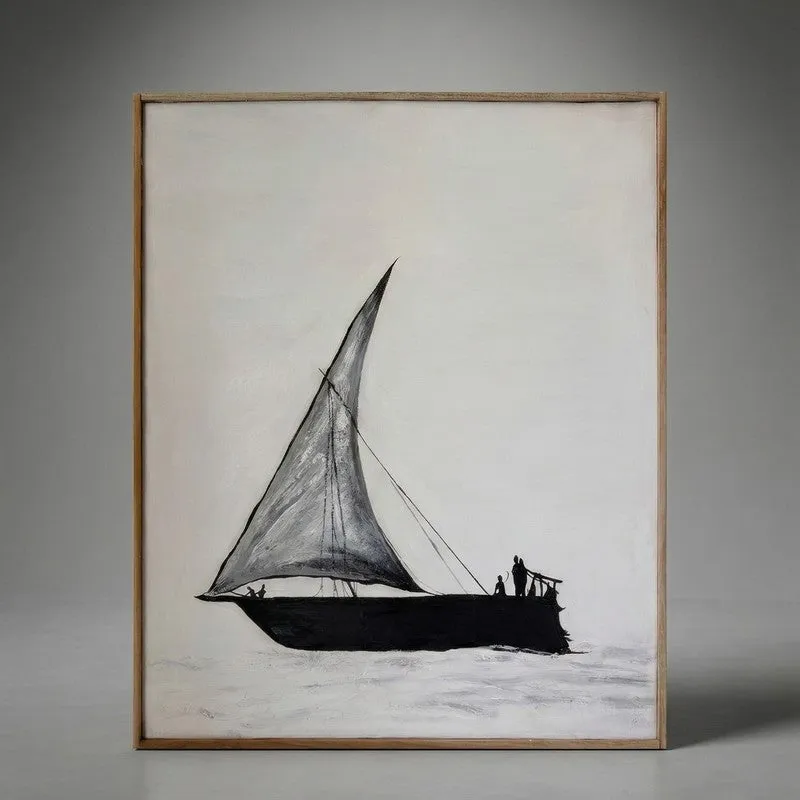 Square canvas painting of a black sailing ship on a white background